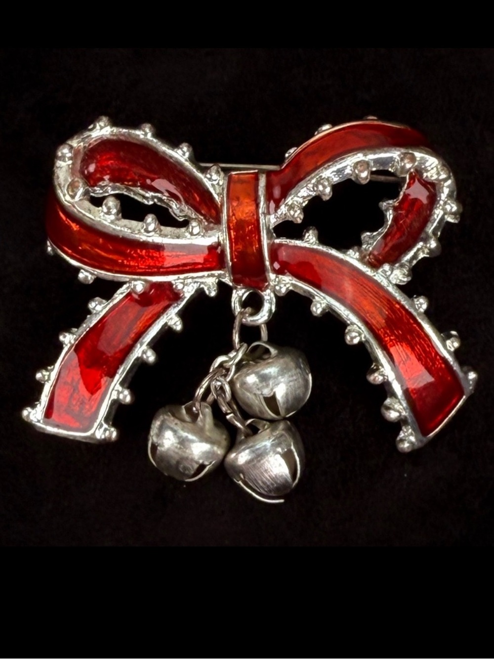 Vintage Red Bow Holiday Brooch with Silvertone Bell Accents